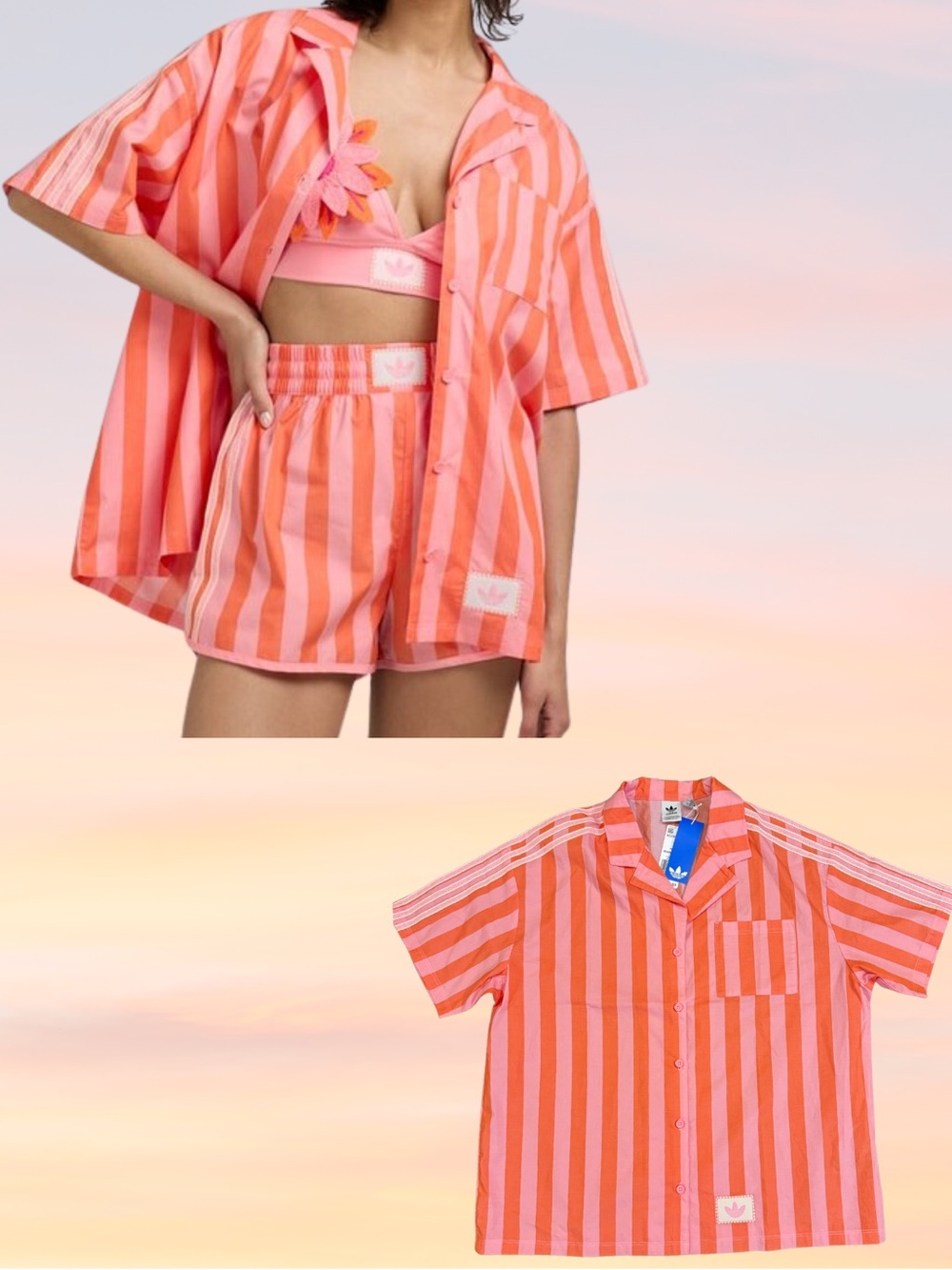 Women Adidas Originals Summer glow Resort striped retro oversized Shirt Small